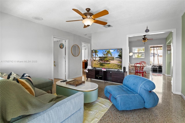 5233 NE 4th Ave, Oakland Park, FL 33334 - living area featuring a textured ceiling, visible vents, ceiling fan, and speckled floor