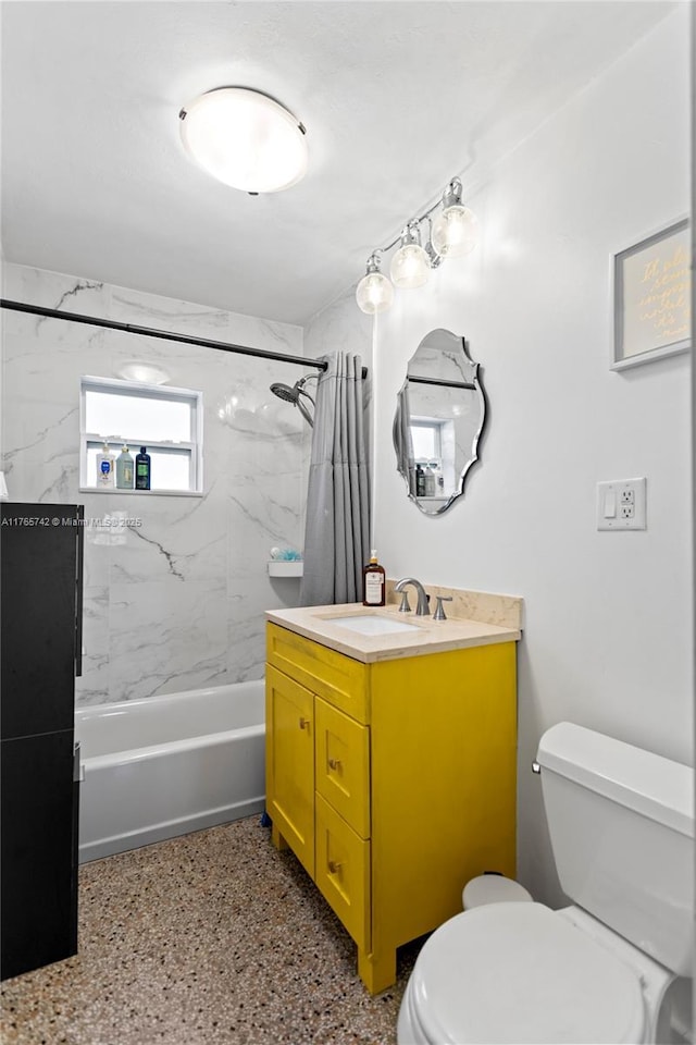 5233 NE 4th Ave, Oakland Park, FL 33334 - bathroom featuring speckled floor, toilet, shower / bath combo with shower curtain, and vanity
