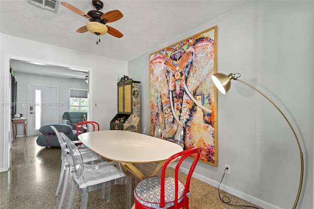 5233 NE 4th Ave, Oakland Park, FL 33334 - dining space with speckled floor, a textured ceiling, visible vents, and ceiling fan