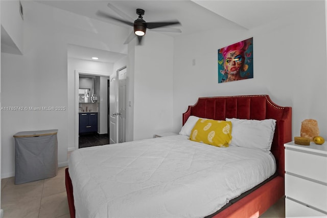 5233 NE 4th Ave, Oakland Park, FL 33334 - bedroom with recessed lighting, tile patterned flooring, ensuite bath, and a ceiling fan