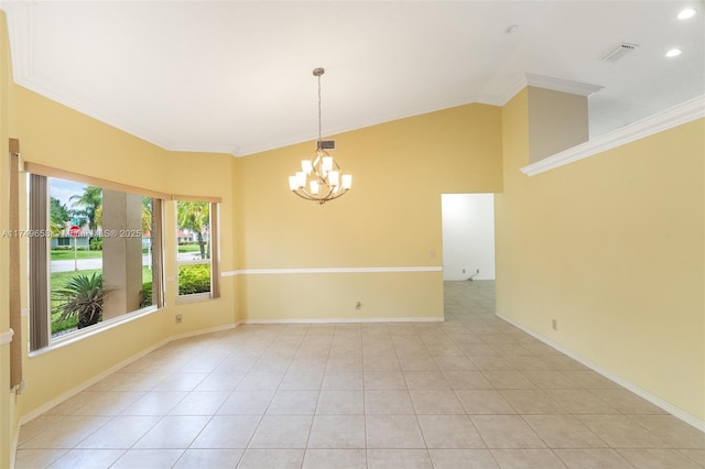 311 NW 197th Ave, Pembroke Pines, FL 33029 - empty room featuring a chandelier, lofted ceiling, visible vents, and crown molding
