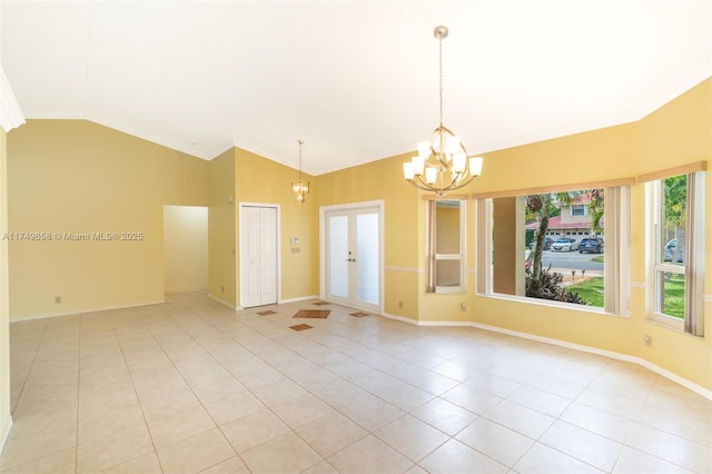311 NW 197th Ave, Pembroke Pines, FL 33029 - empty room with vaulted ceiling, a notable chandelier, light tile patterned floors, baseboards, and ornamental molding