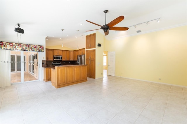 311 NW 197th Ave, Pembroke Pines, FL 33029 - kitchen featuring lofted ceiling, stainless steel appliances, visible vents, open floor plan, and ceiling fan
