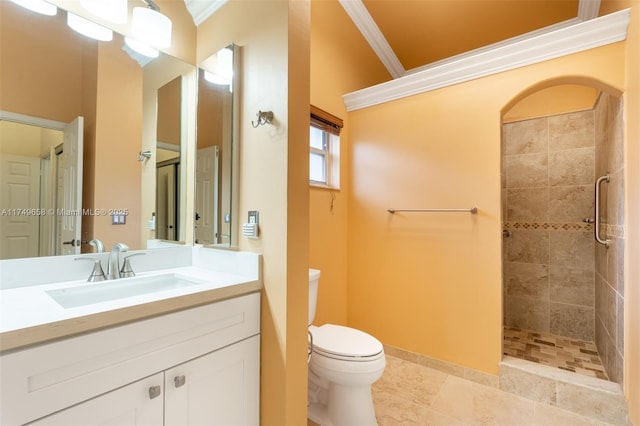 311 NW 197th Ave, Pembroke Pines, FL 33029 - full bathroom featuring vanity, toilet, tiled shower, and ornamental molding