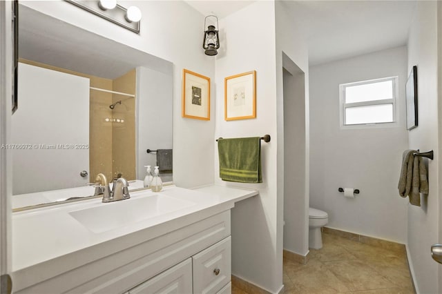 full bath with a shower, baseboards, toilet, vanity, and tile patterned flooring