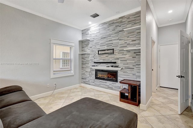 15852 SW 14th St, Pembroke Pines, FL 33027 - unfurnished living room with crown molding, tile patterned flooring, a large fireplace, and recessed lighting