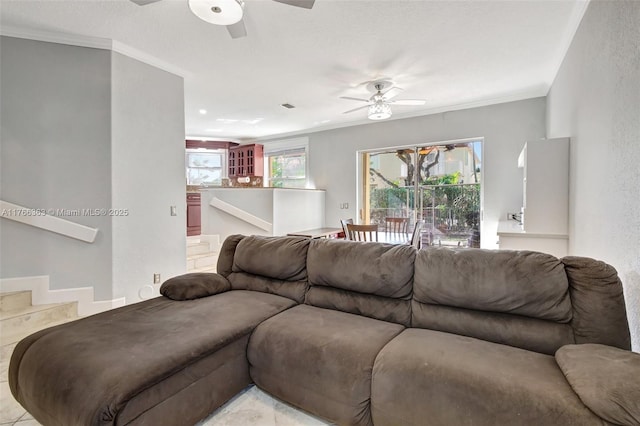 15852 SW 14th St, Pembroke Pines, FL 33027 - living room with ceiling fan and crown molding