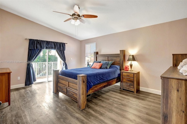15852 SW 14th St, Pembroke Pines, FL 33027 - bedroom featuring access to exterior, lofted ceiling, wood finished floors, and a ceiling fan
