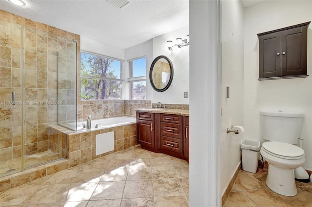 15852 SW 14th St, Pembroke Pines, FL 33027 - bathroom featuring vanity, a bath, a stall shower, and a textured ceiling