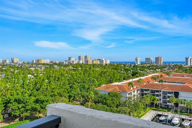 birds eye view of property with a city view and a water view