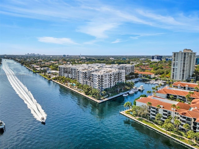 aerial view featuring a city view and a water view