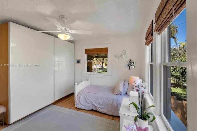 bedroom featuring multiple windows, ceiling fan, and wood finished floors