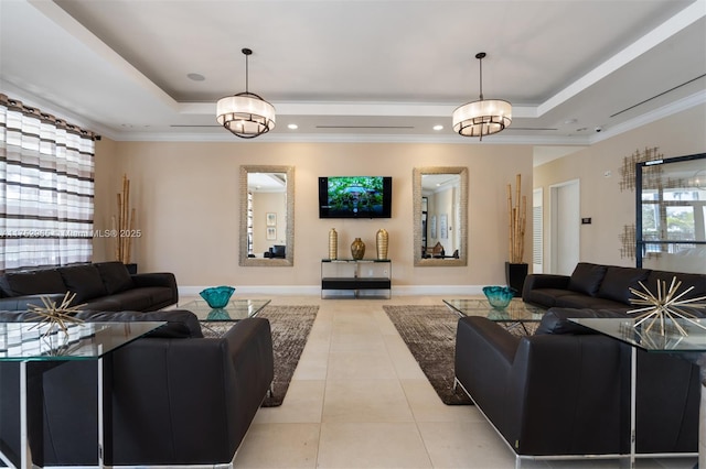 living room featuring baseboards, ornamental molding, recessed lighting, light tile patterned flooring, and a raised ceiling