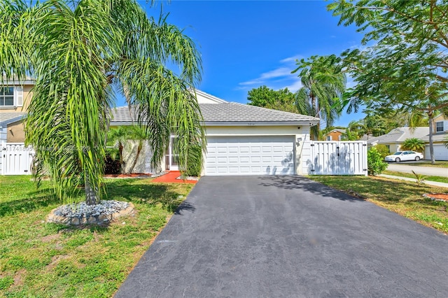 view of property hidden behind natural elements featuring aphalt driveway, a front yard, fence, a gate, and an attached garage