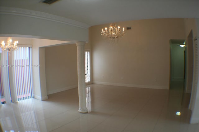 8918 SW 5th Ter, Miami, FL 33174 - empty room with light tile patterned floors, baseboards, a chandelier, and ornate columns