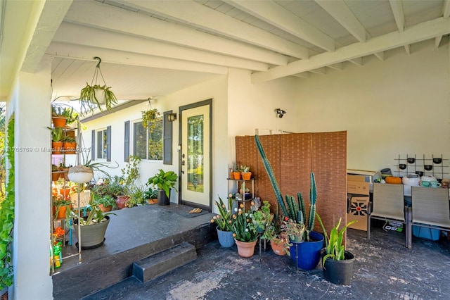 doorway to property featuring stucco siding
