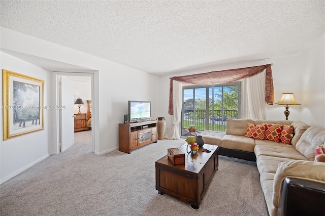 12950 SW 4th Ct Unit 309H, Pembroke Pines, FL 33027 - living room with a textured ceiling, baseboards, and light carpet