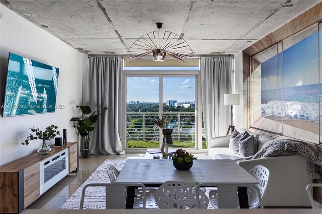 tiled living area with a view of city