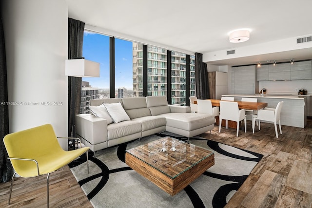 living area featuring a city view, wood finished floors, and visible vents