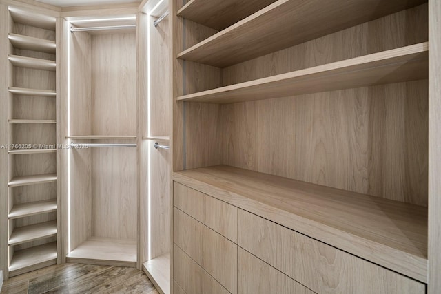 walk in closet with wood finished floors