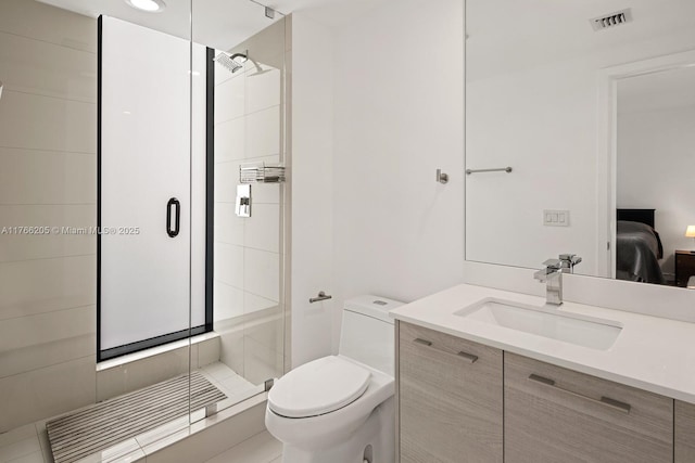 ensuite bathroom featuring visible vents, toilet, ensuite bath, and a shower stall