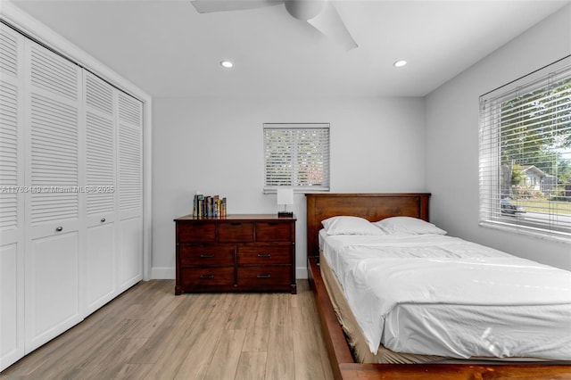 17554 SW 85th Ave, Palmetto Bay, FL 33157 - bedroom with light wood finished floors, a closet, recessed lighting, and ceiling fan