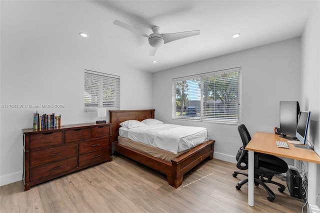 bedroom with recessed lighting, light wood-type flooring, baseboards, and a ceiling fan