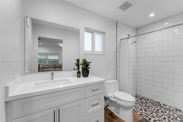 ensuite bathroom featuring vanity, toilet, connected bathroom, a healthy amount of sunlight, and wood finished floors
