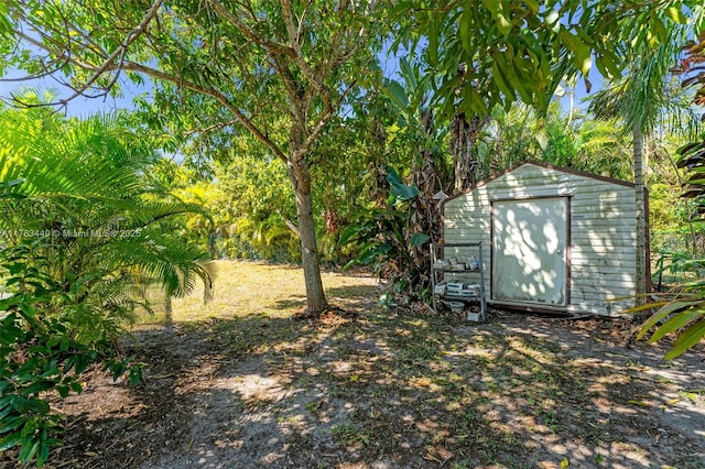 view of yard with an outbuilding and a shed