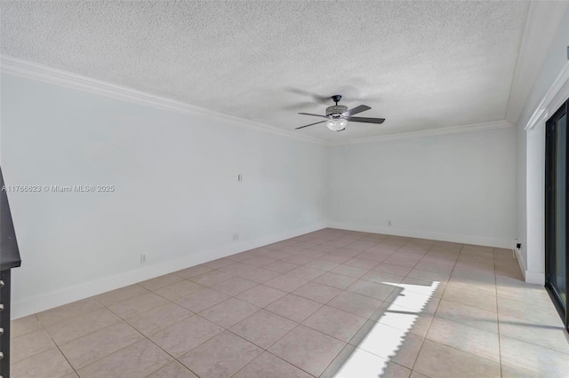 spare room featuring crown molding, baseboards, ceiling fan, light tile patterned floors, and a textured ceiling