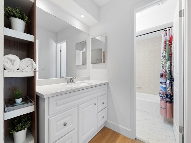 13481 SW 103rd St, Miami, FL 33186 - full bath with recessed lighting, vanity, wood finished floors, baseboards, and shower / tub combo with curtain