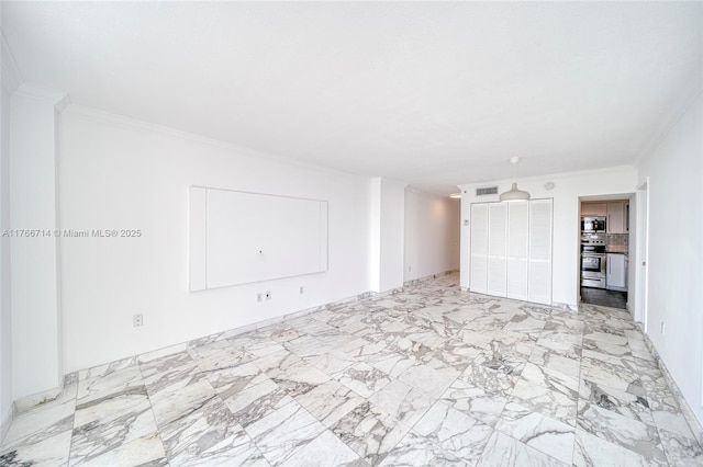 unfurnished living room with visible vents, marble finish floor, and ornamental molding