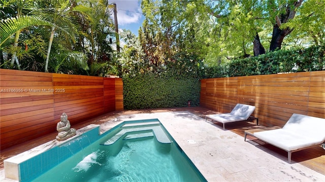 view of pool featuring a fenced backyard and a patio area