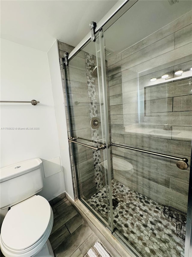full bathroom featuring a shower stall and toilet