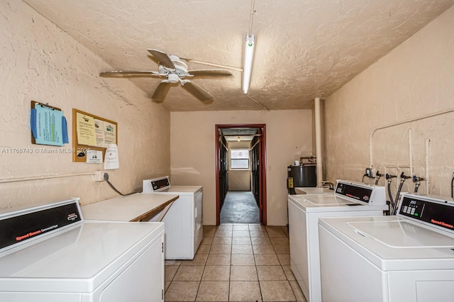 1045 Country Club Dr Unit 304, Margate, FL 33063 - community laundry room featuring independent washer and dryer, a textured ceiling, water heater, ceiling fan, and a textured wall
