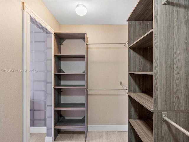 walk in closet with wood finished floors