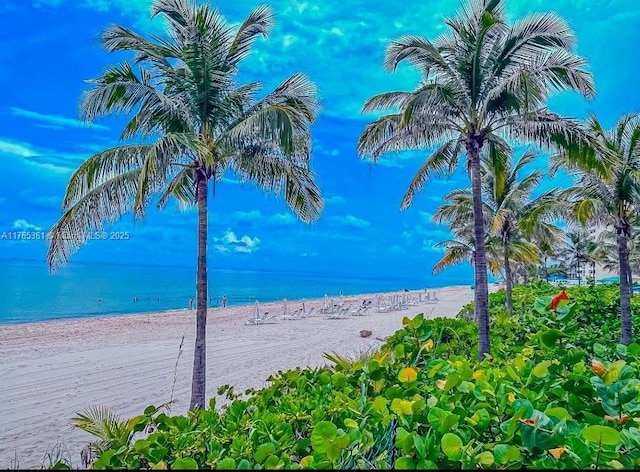 view of water feature with a beach view