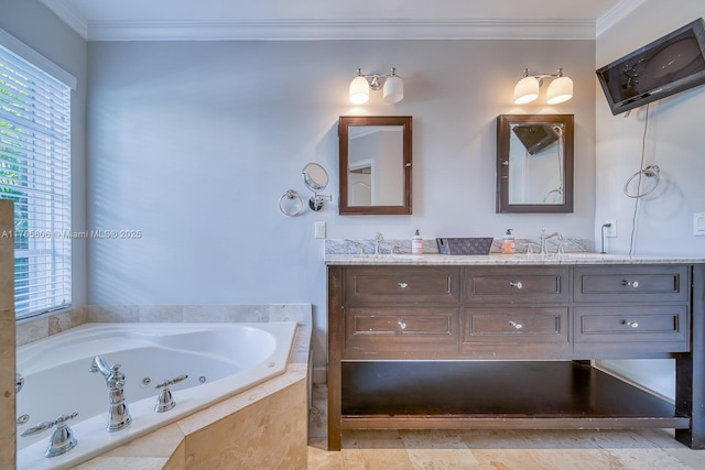 full bathroom with a jetted tub, ornamental molding, and a healthy amount of sunlight