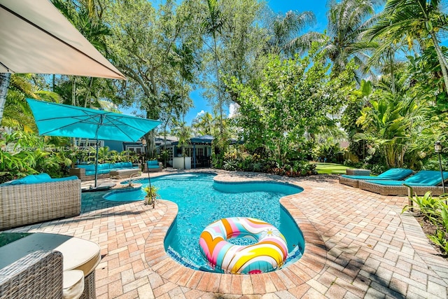 pool with a patio area
