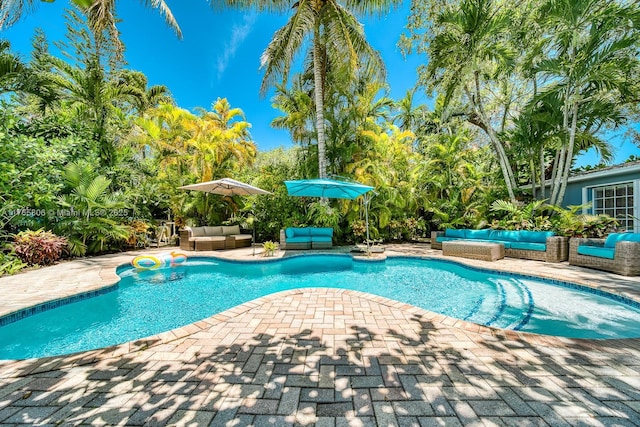 view of pool featuring an outdoor hangout area and a patio