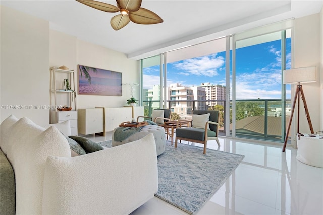 1150 102nd St Unit 501, Bay Harbor Islands, FL 33154 - tiled living room featuring floor to ceiling windows and ceiling fan