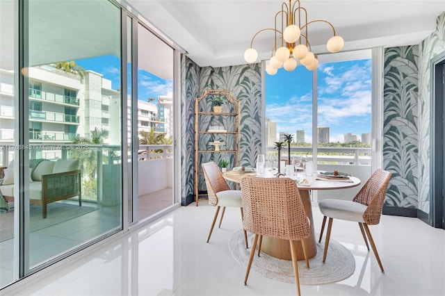 1150 102nd St Unit 501, Bay Harbor Islands, FL 33154 - tiled dining room with a chandelier, a view of city, a wall of windows, and wallpapered walls