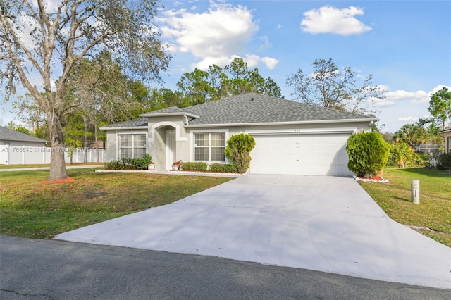 ranch-style house with a front yard, a shingled roof, stucco siding, concrete driveway, and a garage