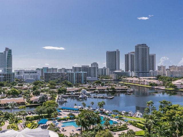 drone / aerial view featuring a city view and a water view