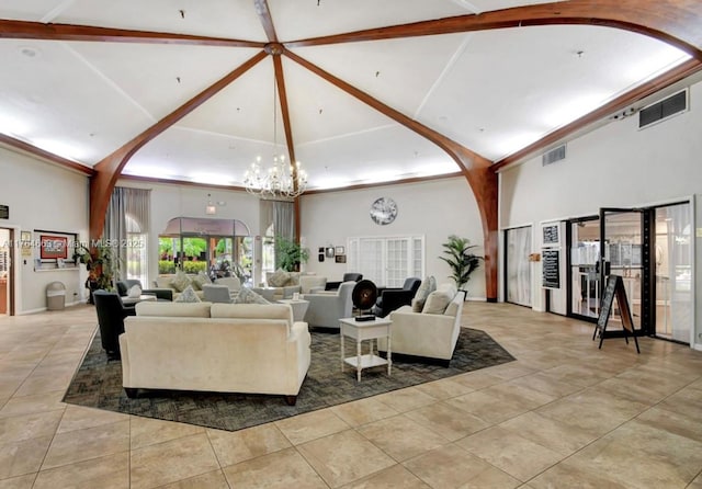 3836 Via Poinciana Unit 604, Lake Worth, FL 33467 - living area featuring high vaulted ceiling, light tile patterned floors, a chandelier, and beamed ceiling