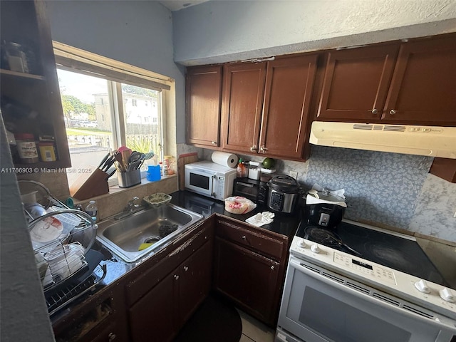 417 NW 84th St Unit 417, Miami, FL 33150 - kitchen featuring under cabinet range hood, white appliances, tasteful backsplash, and a sink