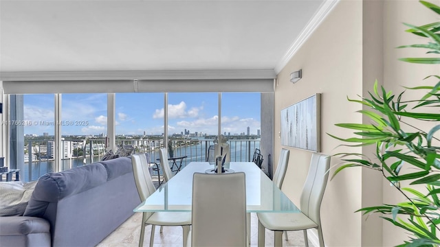 dining space with a view of city, a water view, and ornamental molding