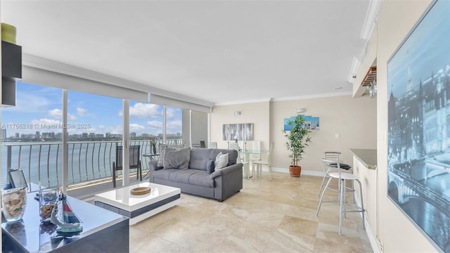 7601 E Treasure Dr Unit 1518, North Bay Village, FL 33141 - living area featuring crown molding, a city view, and baseboards