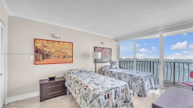 bedroom with baseboards, crown molding, and access to outside