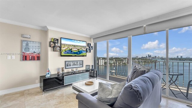 living area featuring a chandelier, floor to ceiling windows, and crown molding
